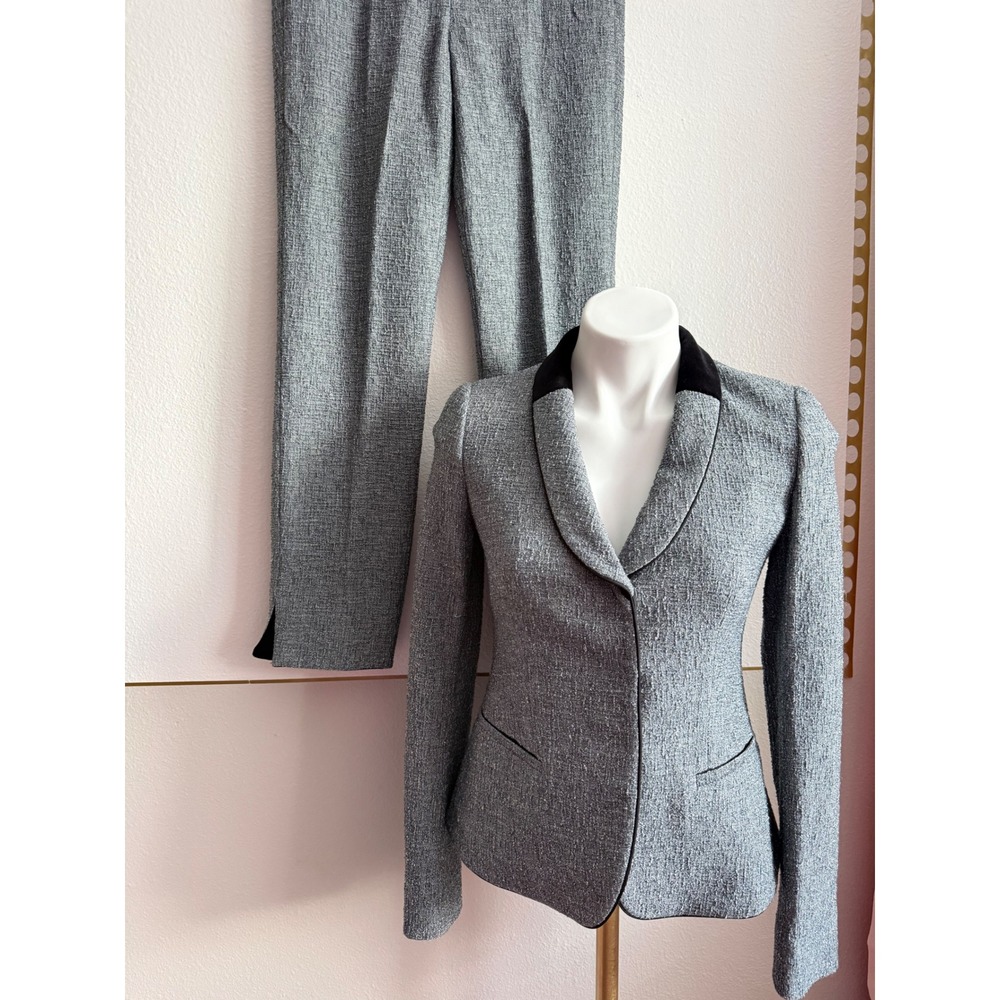 Emporio Armani Metallic Silver Tweed Pant Suit Velvet Collar Blazer Set EU 38